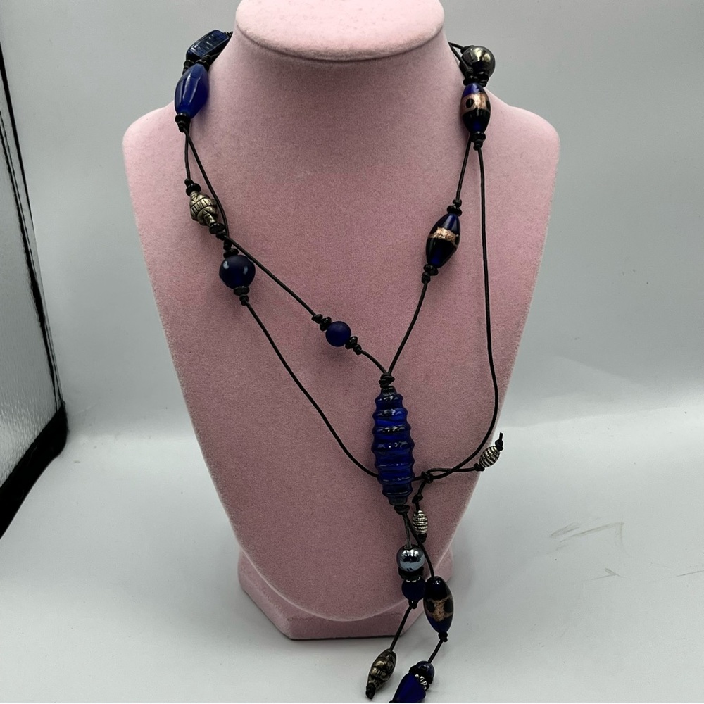 Artisan Blue and Black Beaded Necklace with Asymmetrical Design